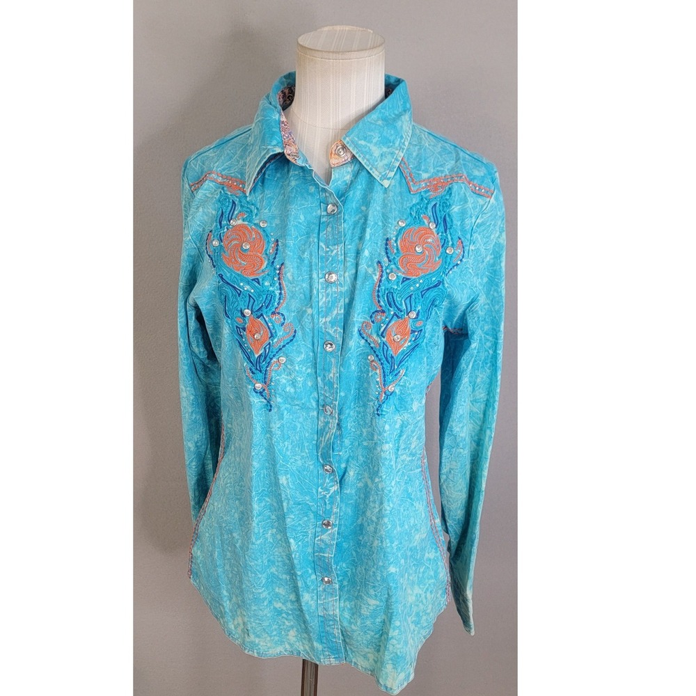 Roar Western Shirt Medium Blue Western Embroidered Pearl Snap River Run Yoke